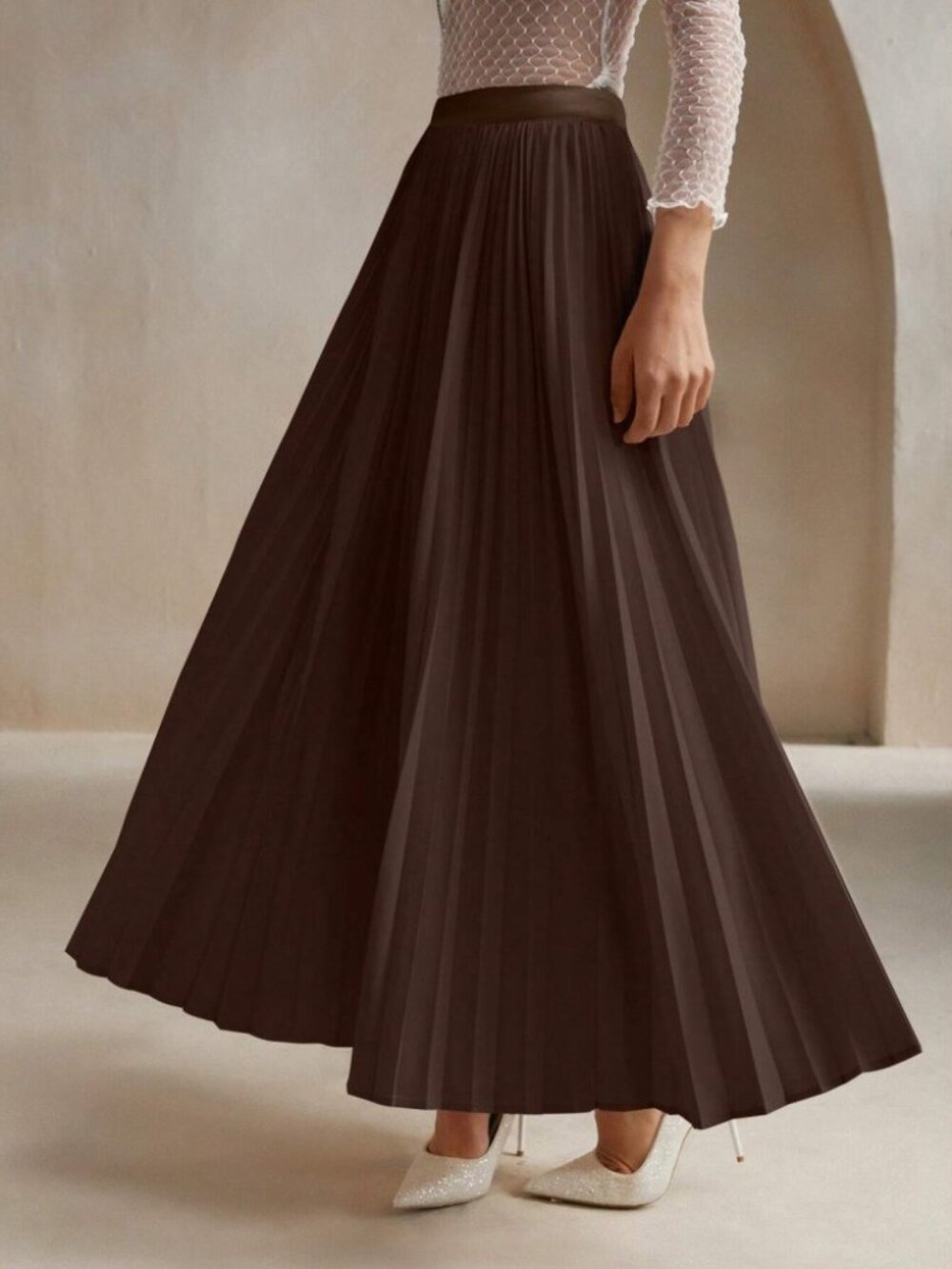Chocolate Brown Pleated Maxi Skirt with Satin Waistband